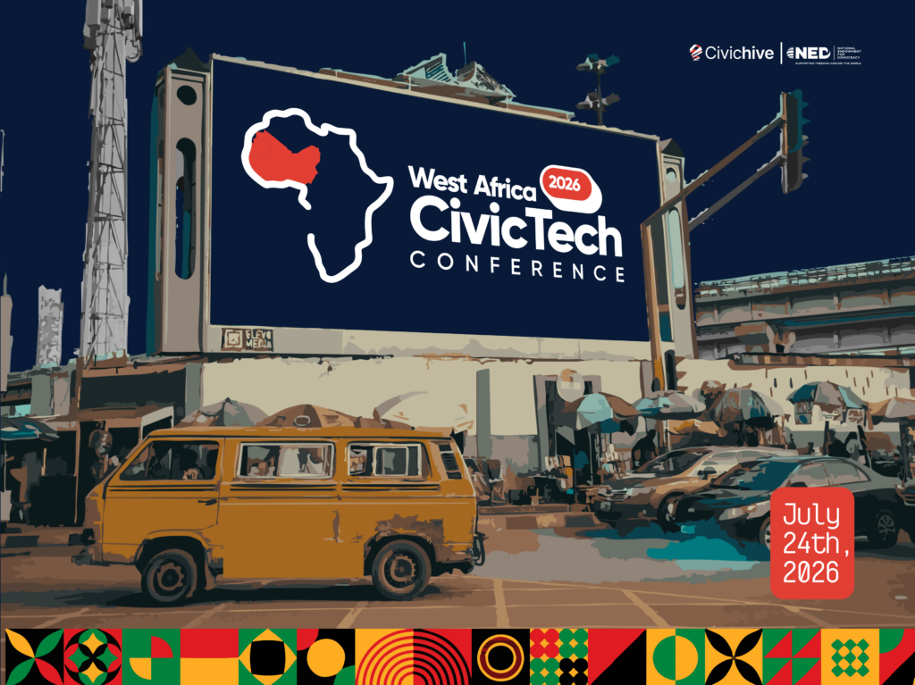 This image show a billboard on a typical road in Lagos feature the popular yellow buses. The billboard has the West Africa CivicTech Conference written on it